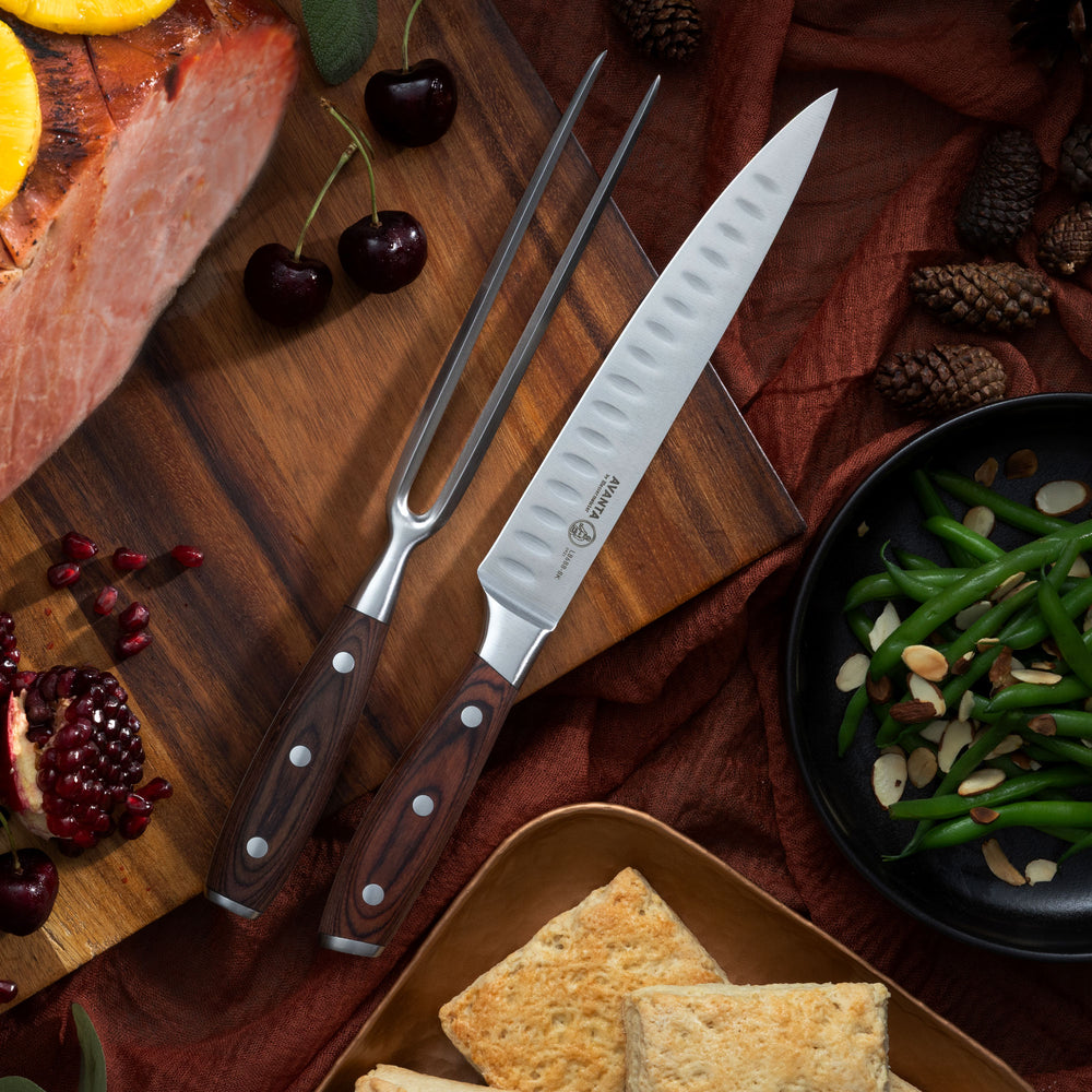 Messermeister Avanta Carving Set with Holiday Ham and Fall Decoration with Biscuits and Green Beans