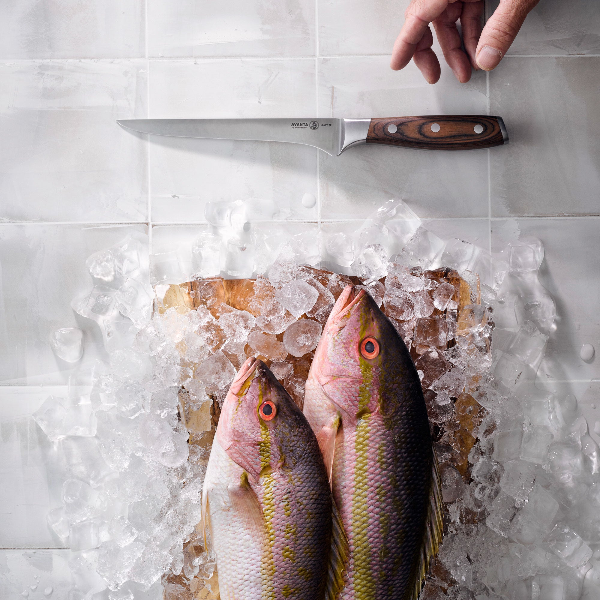 Two fish on a wooden cutting board with ice, a Messermeister Avanta Pakkawood Fillet Knife, and a hand on a tiled surface.