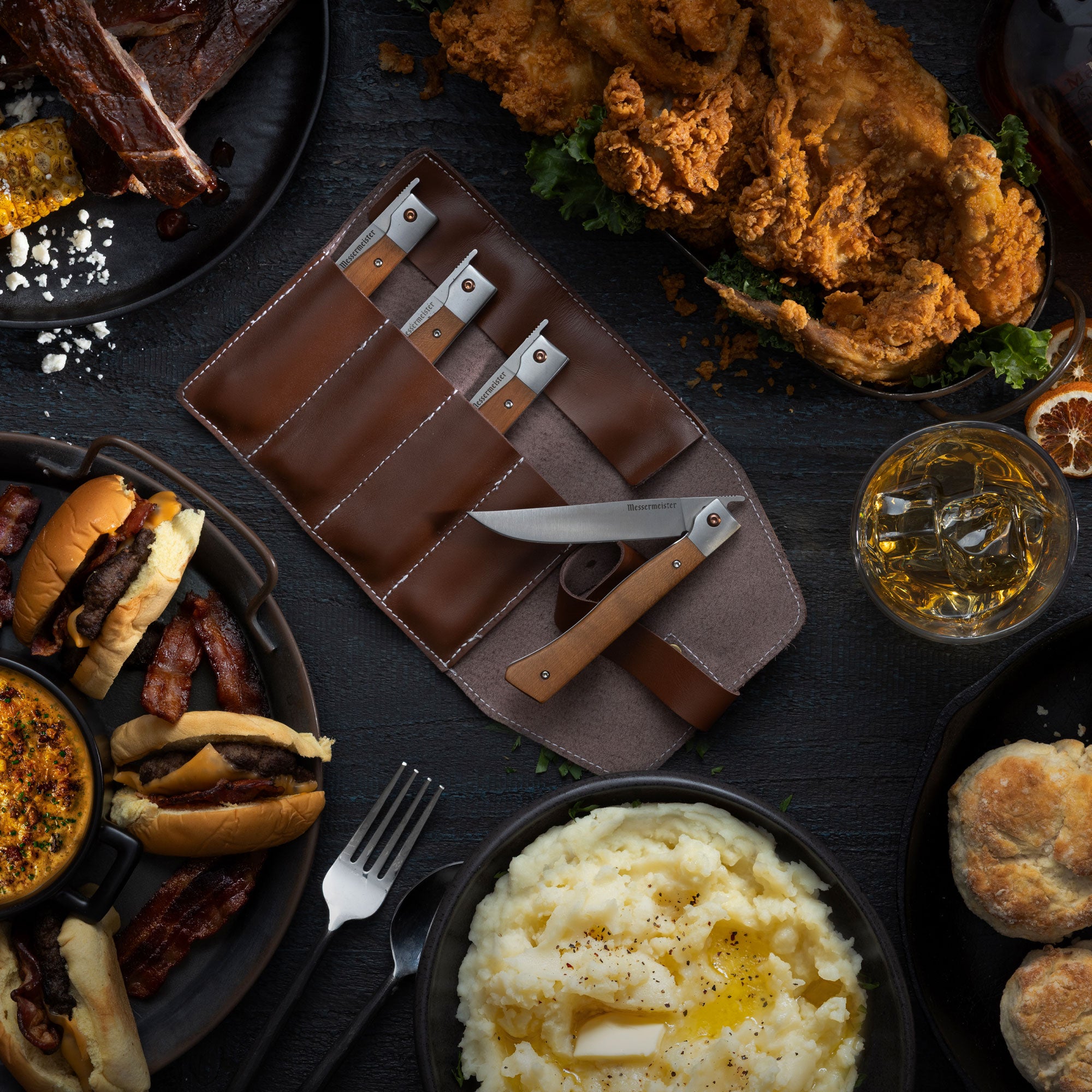 Messermeister Folding Steak Knife Father's Day Feast with Fried Chicken, Bourbon, Hamburgers, Mashed Potatoes and Ribs