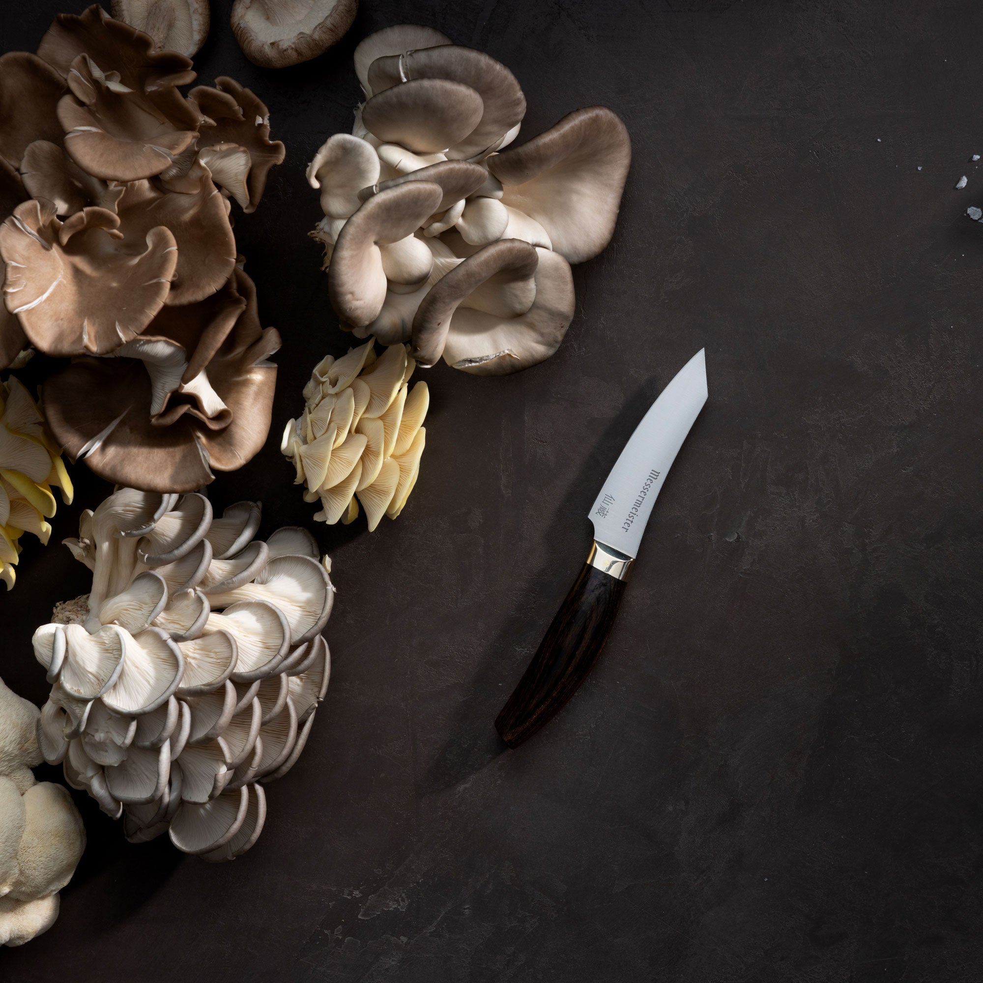 Messermeister Kawashima Paring Knife with gourmet mushrooms on a dark surface