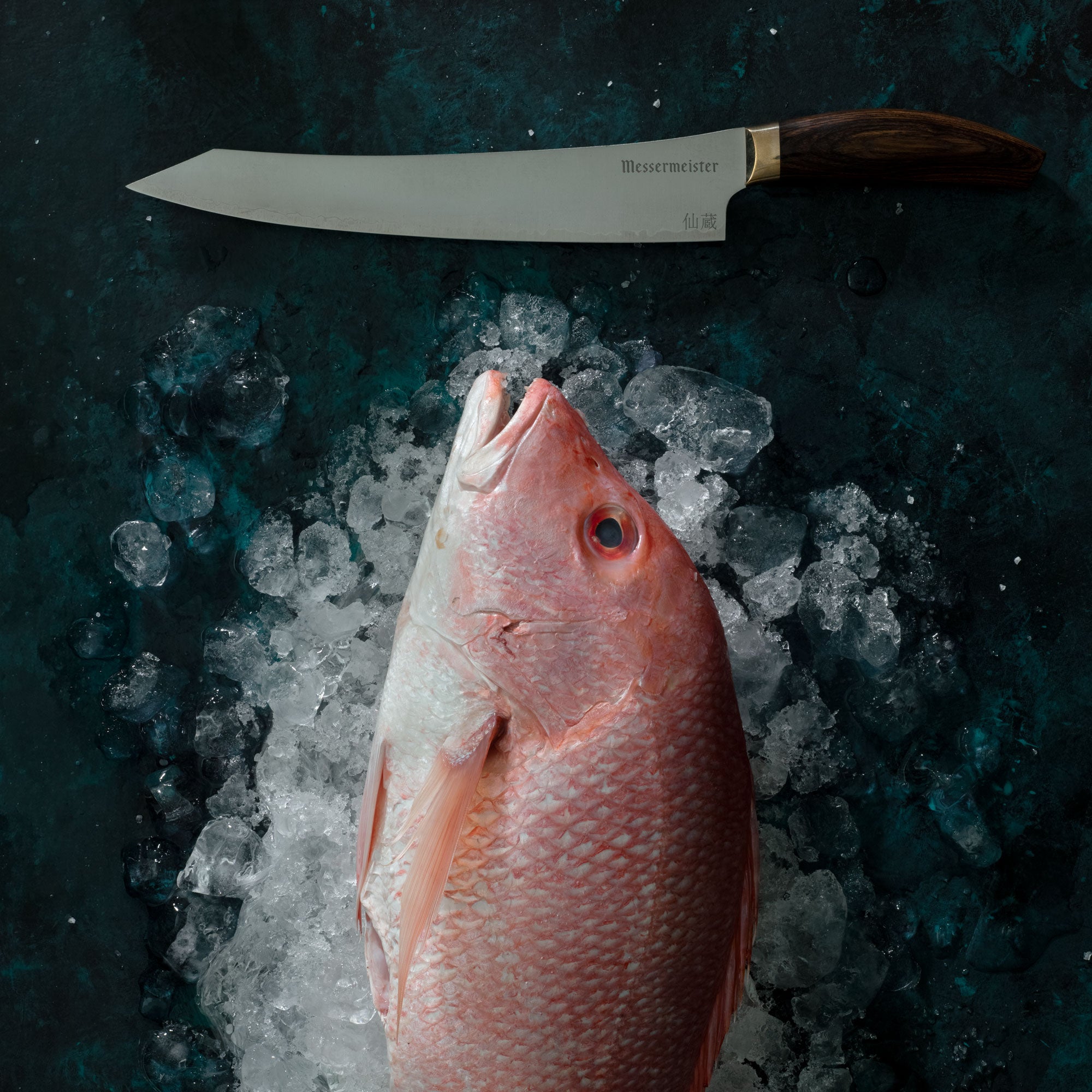 Messermeister Kawashima Slicer on dark background with fish on ice