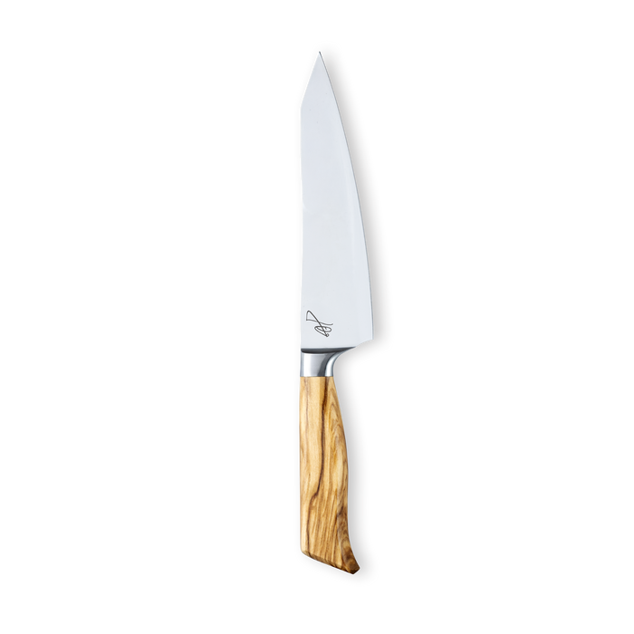 Messermeister Oliva O.T. Prep Knife shown on the backside with Olivia Tiedemann's signature engraving.
