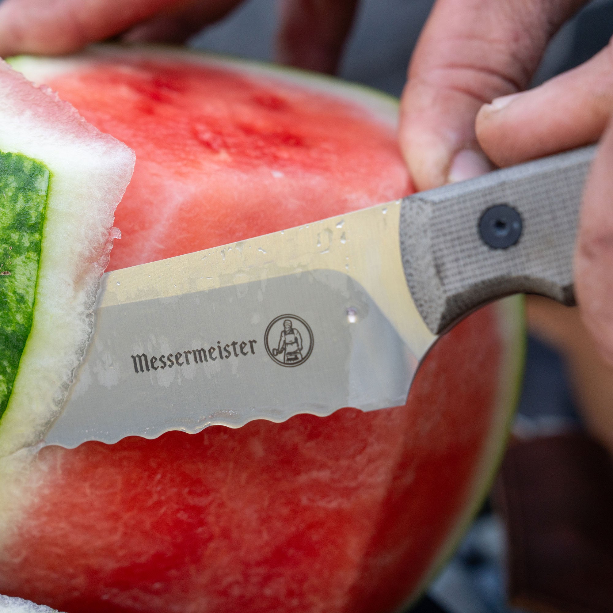 Messermeister Overland Chef Scalloped Slicing knife cutting into a watermelon