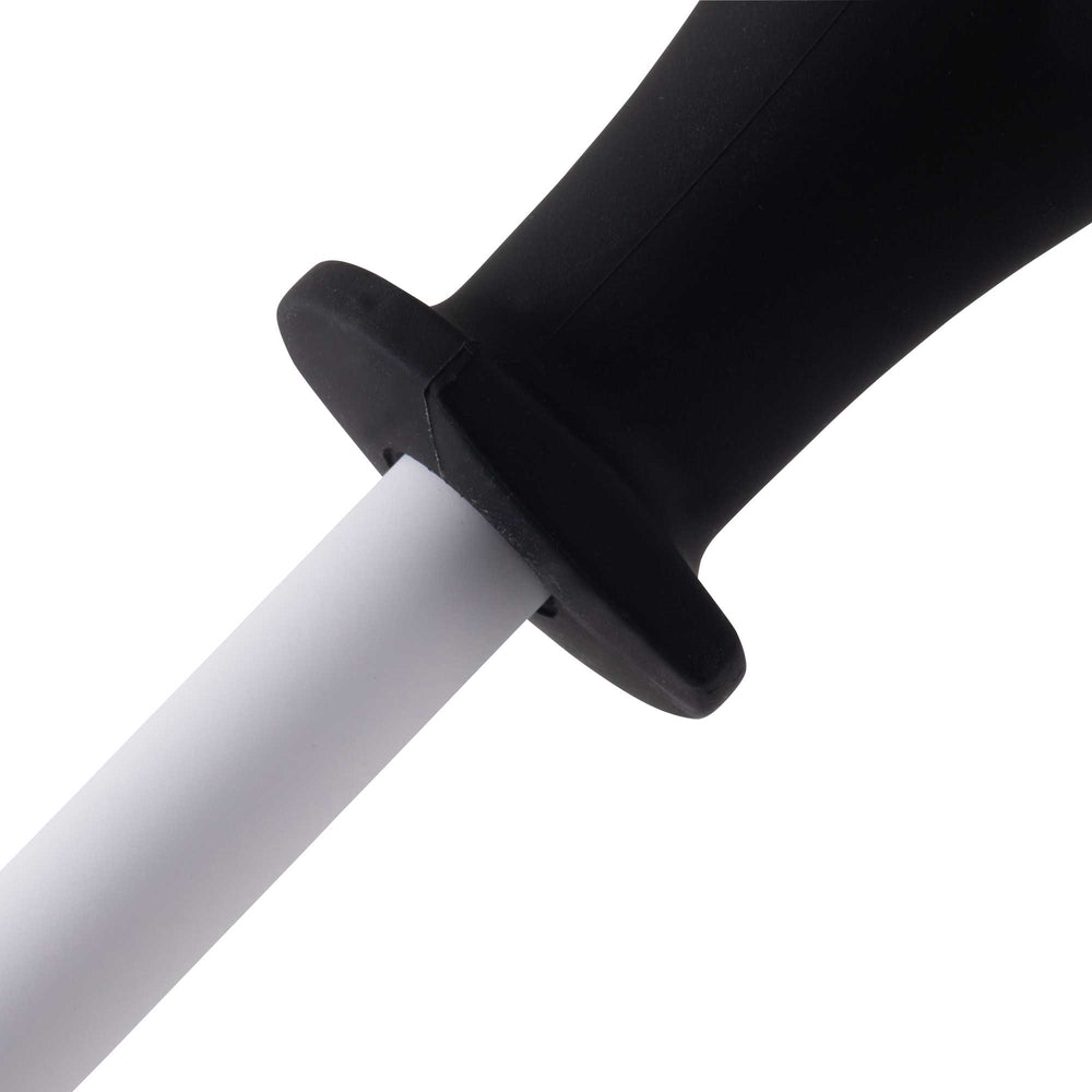 Messermeister sharpening rod 12 inch showing where the black rubber handle is connecting to the white ceramic rod