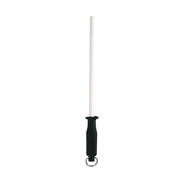 Messermeister 12 inch 1200 Grit Ceramic Sharpening Rod with black handle and D ring pointing up. Ceramic rod is white and rounded at tip.