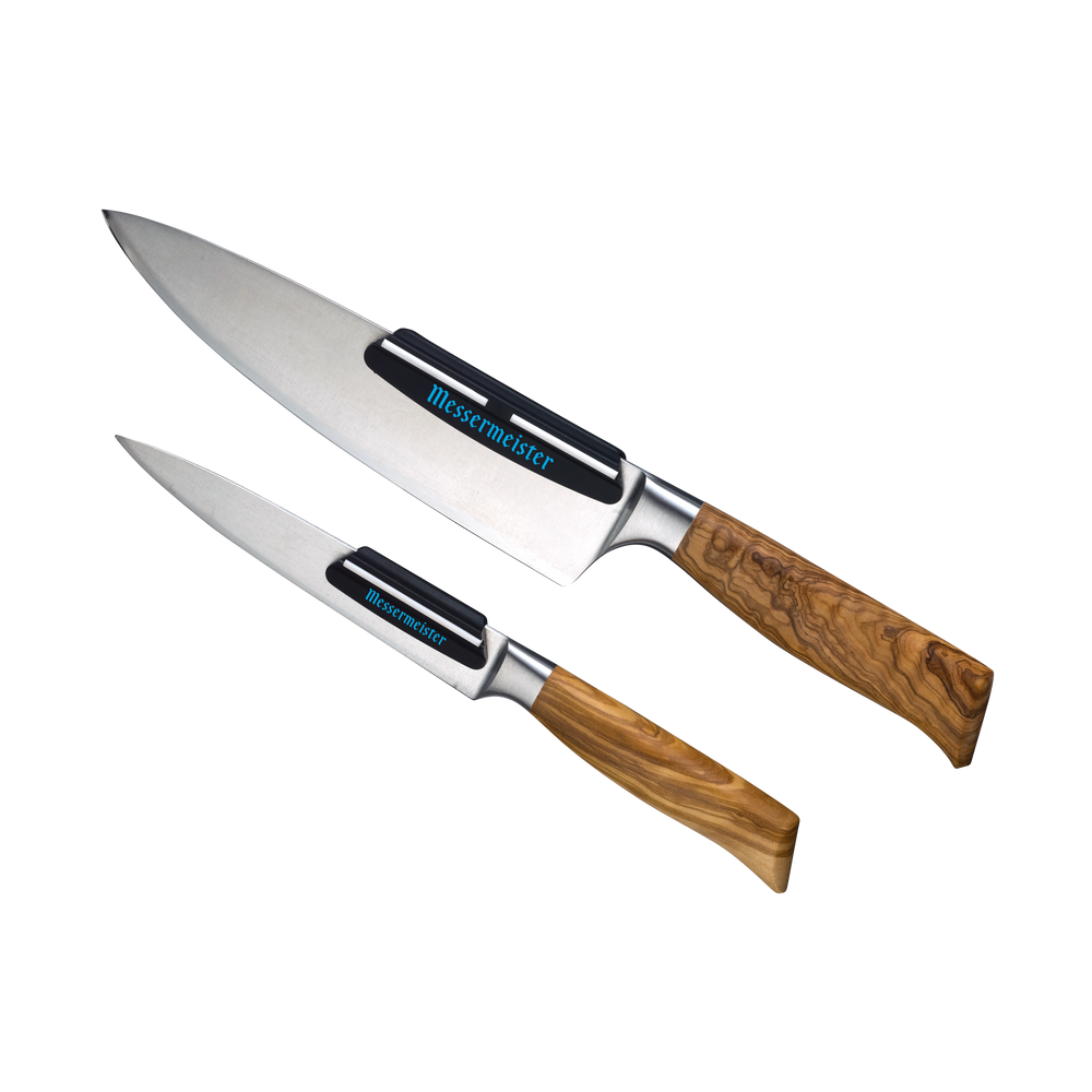 Messermeister Angle Guide Set. 4 inch pictured on an Oliva 8 Inch Olive wood Chef Knife and the 2 inch pictured on an Olive wood Paring knife.