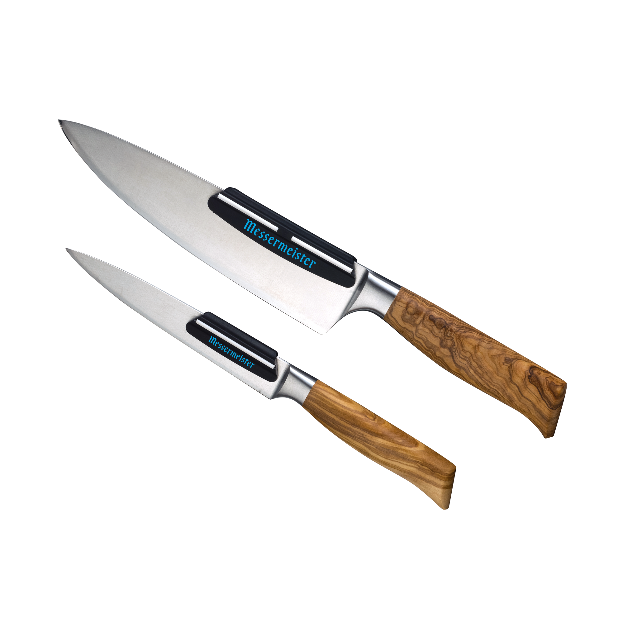 Messermeister Angle Guide Set. 4 inch pictured on an Oliva 8 Inch Olive wood Chef Knife and the 2 inch pictured on an Olive wood Paring knife.