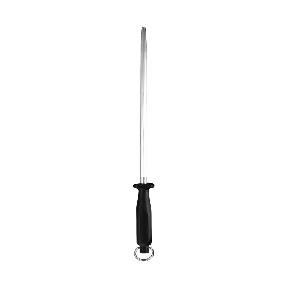 Messermeister 12-inch fine grit honing steel with a durable stainless steel rod and ergonomic handle, designed to maintain and refine knife edges for professional and home kitchen use