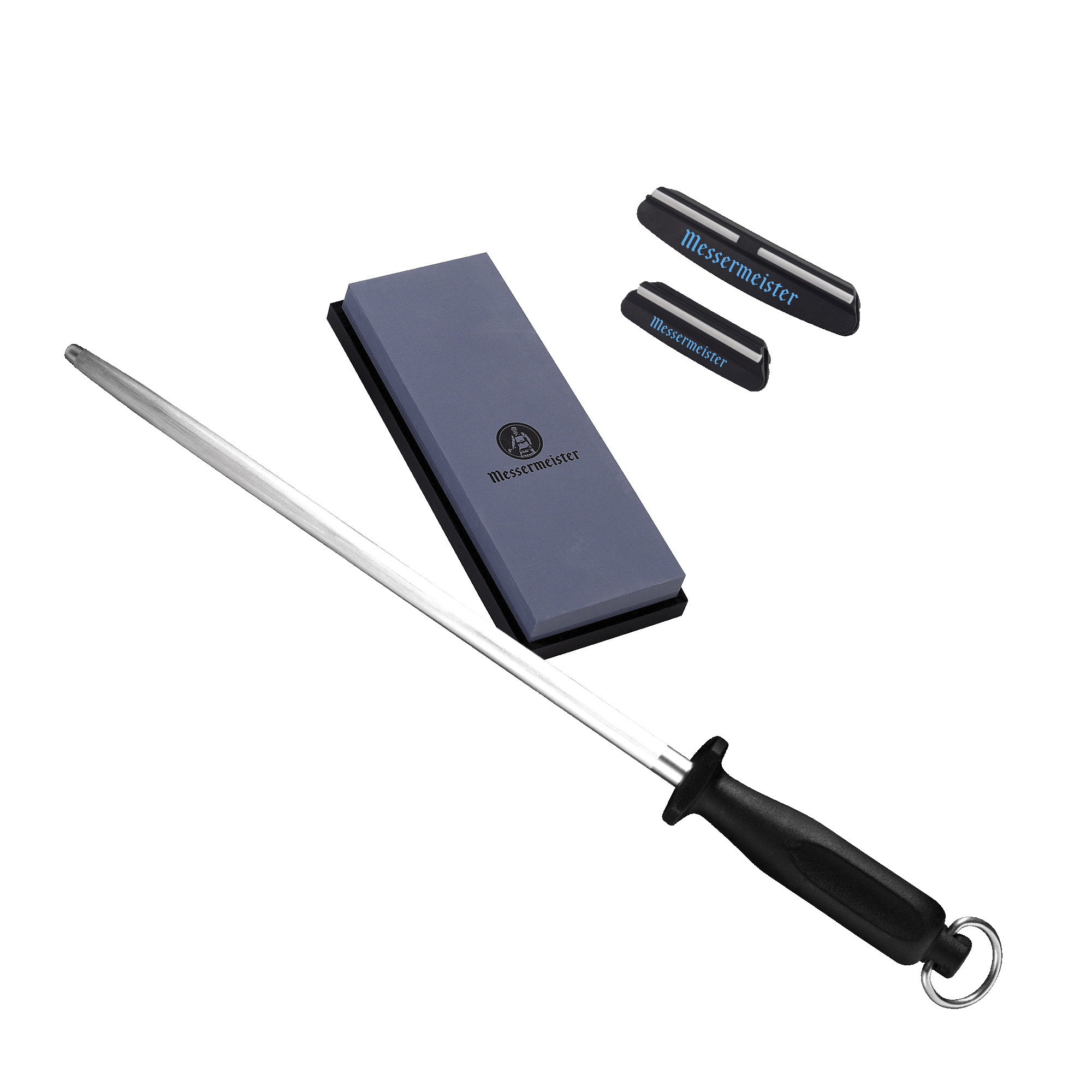 Messermeister 3 Piece Sharpening set featuring Angle Guide Set, 12 inch fine honing steel, and 400/1000 grit stone