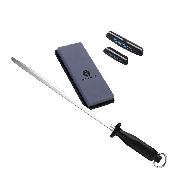 Messermeister 3 Piece Sharpening set featuring Angle Guide Set, 12 inch fine honing steel, and 400/1000 grit stone