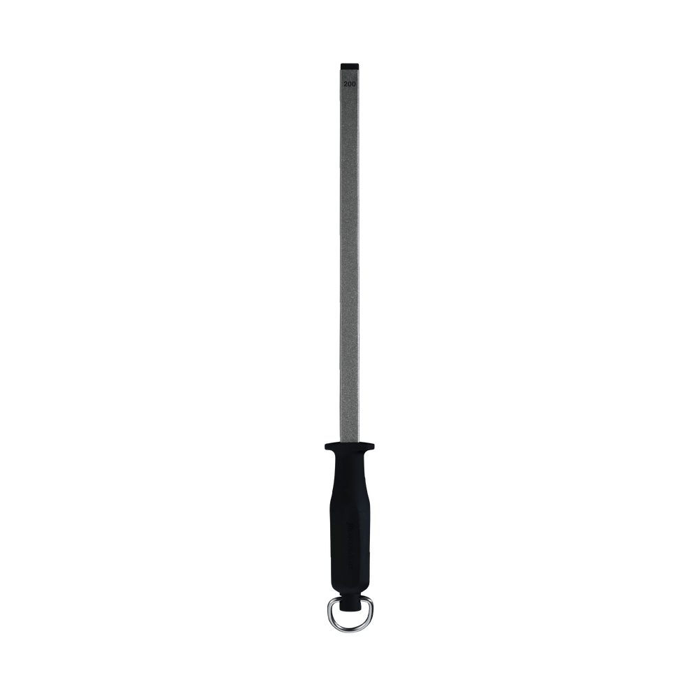 Messermeister 4-Sided 12 inch Diamond Sharpening Rod with black handle and hanging ring pointing up. Black rubber tip on the end of the rod.