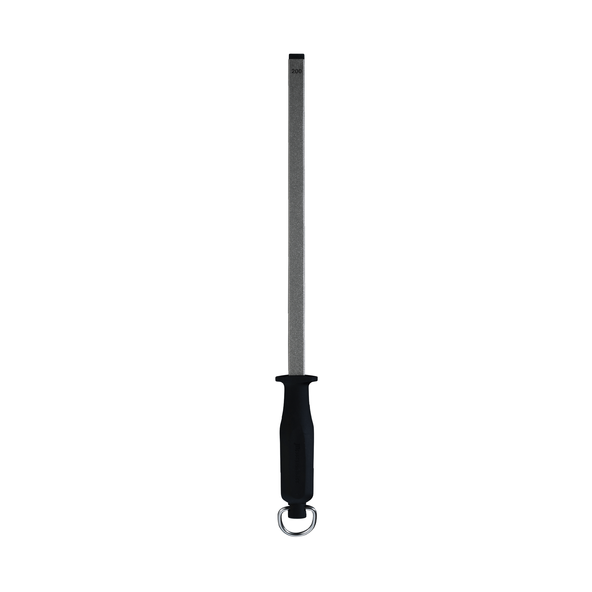 Messermeister 4-Sided 12 inch Diamond Sharpening Rod with black handle and hanging ring pointing up. Black rubber tip on the end of the rod.