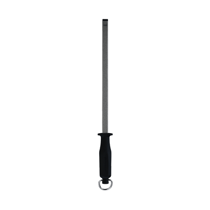 Messermeister 4-Sided 12 inch Diamond Sharpening Rod with black handle and hanging ring pointing up. Black rubber tip on the end of the rod.