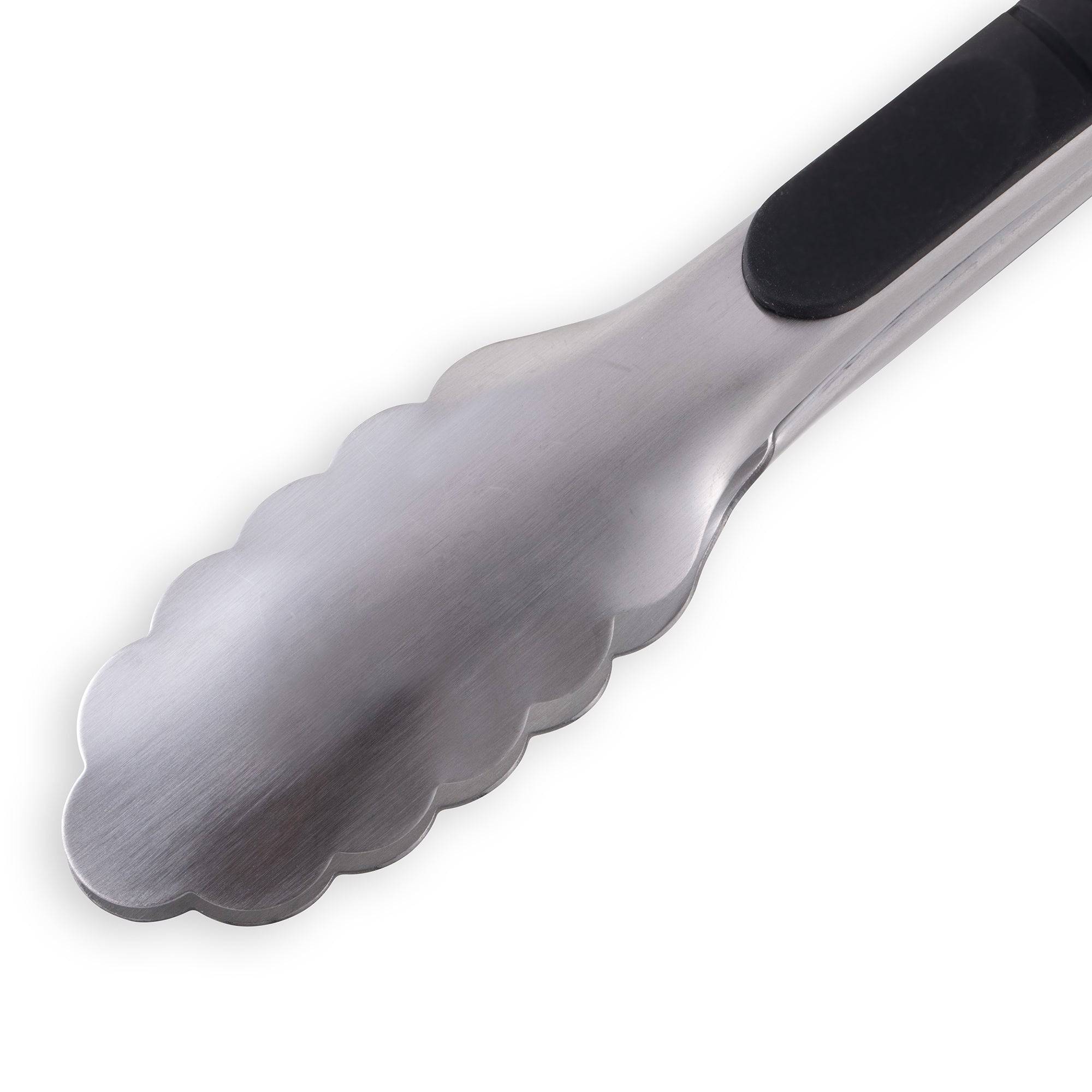 Close up view of the stainless tips on the Messermeister 12 Inch Stainless Locking Tongs
