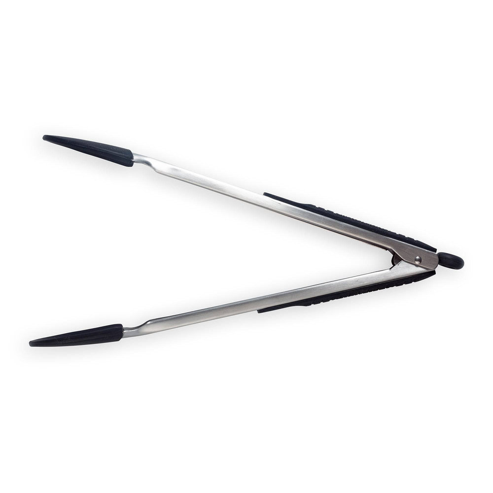 Messermeister 12 Inch Stainless Locking Tongs side view showing opened