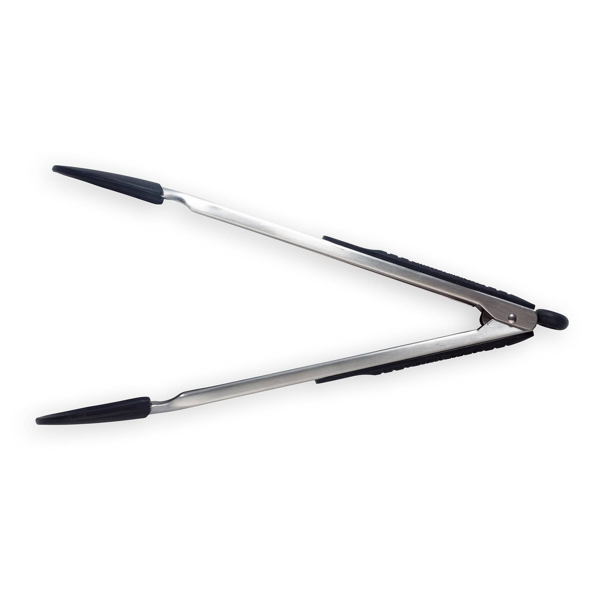Messermeister 12 Inch Stainless Locking Tongs side view showing opened