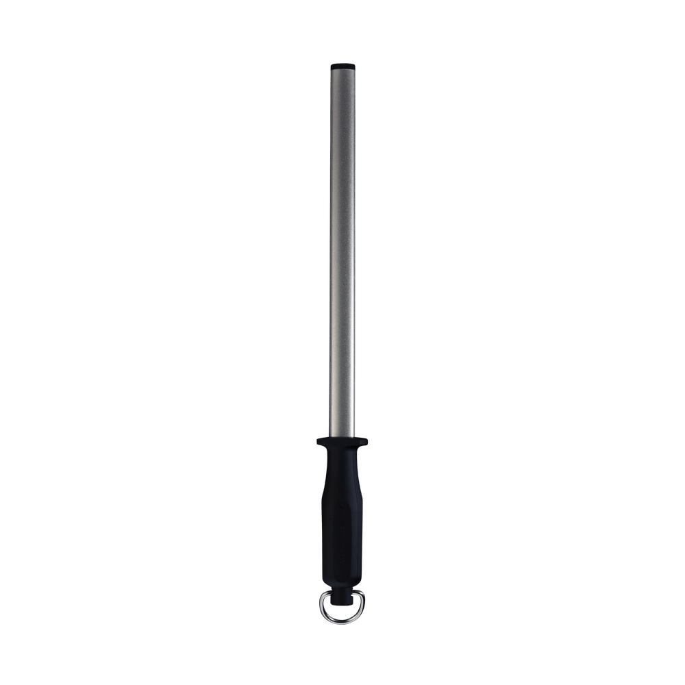 Messermeister 12 inch 800 Grit Diamond Sharpening Rod with black handle and silver D ring. A black rubber tip on the of the rod. Rod is pointing up.