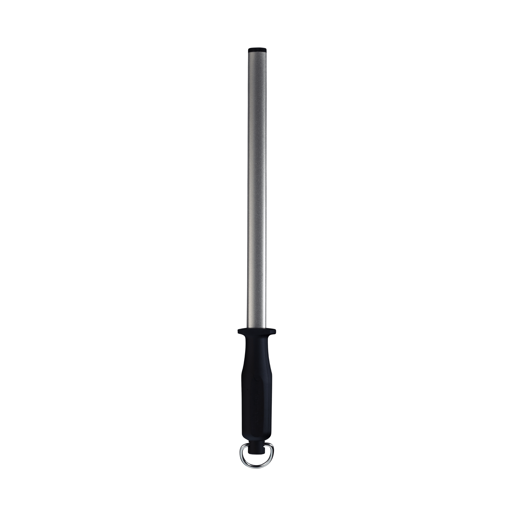 Messermeister 12 inch 800 Grit Diamond Sharpening Rod with black handle and silver D ring. A black rubber tip on the of the rod. Rod is pointing up.