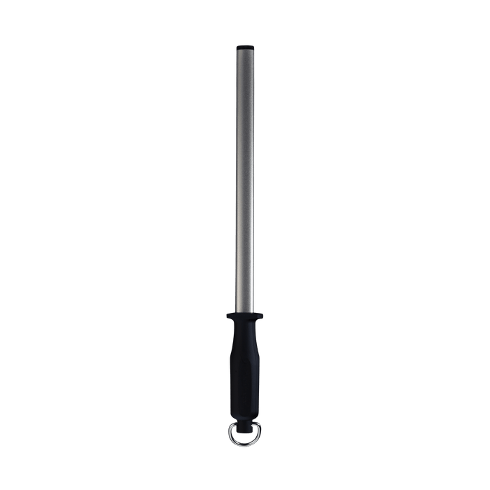 Messermeister 12 inch 800 Grit Diamond Sharpening Rod with black handle and silver D ring. A black rubber tip on the of the rod. Rod is pointing up.