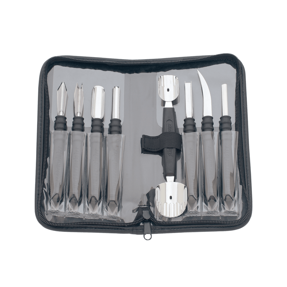 Messermeister 9 Piece Garnishing Tool Set Set with 9 different metal tools in a black zippered case