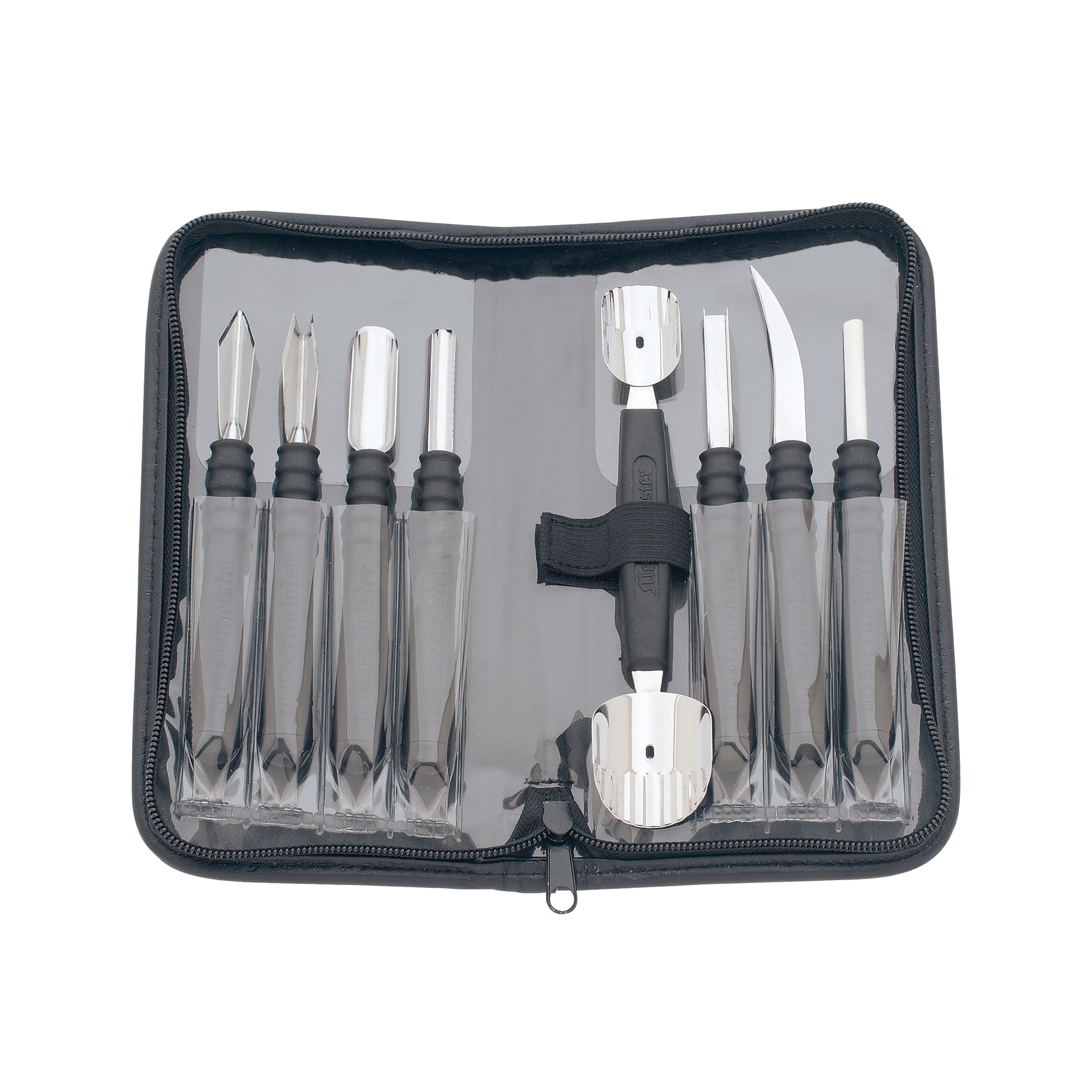 Messermeister 9 Piece Garnishing Tool Set Set with 9 different metal tools in a black zippered case