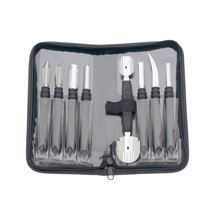 Messermeister 9 Piece Garnishing Tool Set Set with 9 different metal tools in a black zippered case