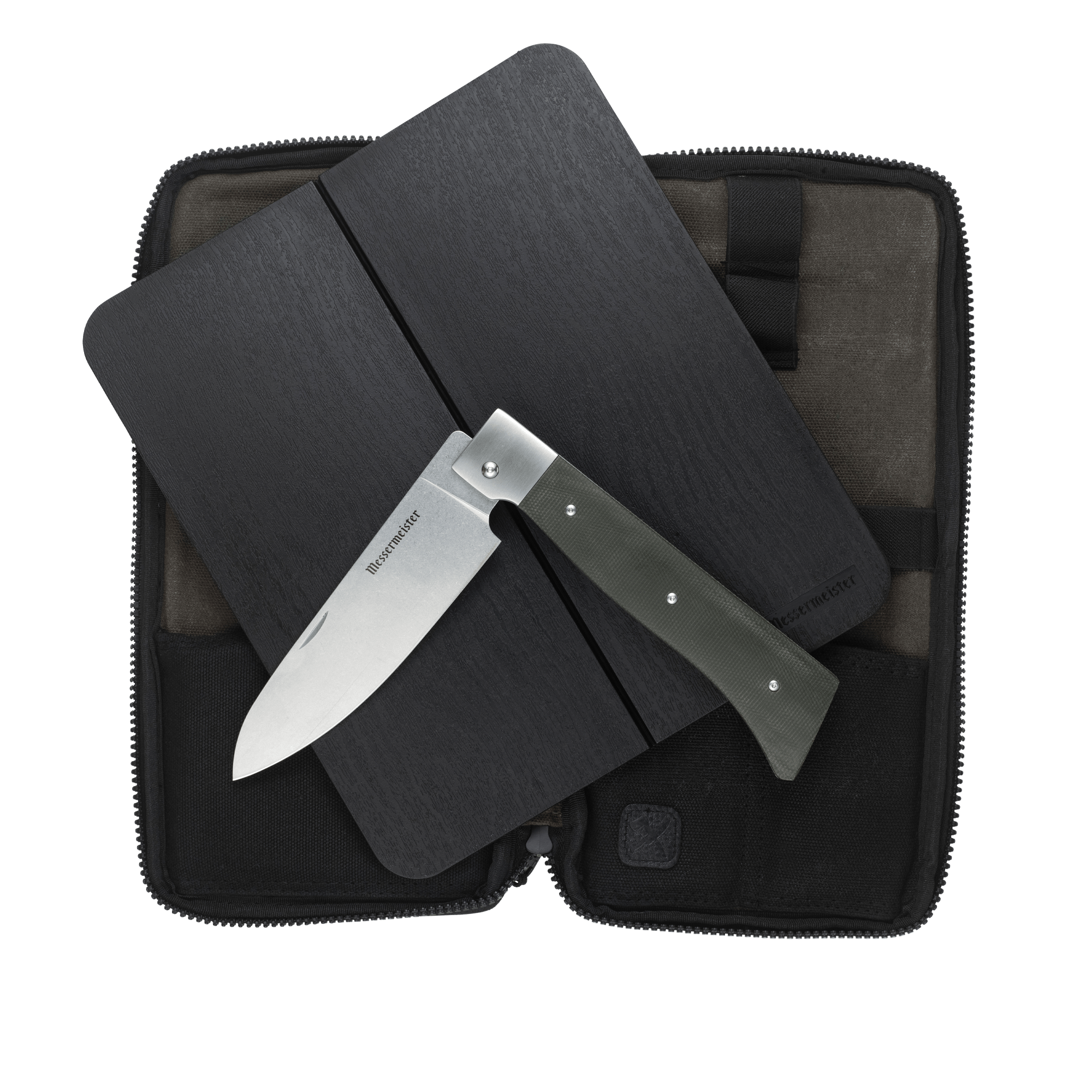 Messermeister Adventure Chef Linen Basecamp Set 3 Piece set with the 6 inch folding Chef's Knife, faux wood cutting board, and zippered carrying case