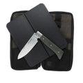 Messermeister Adventure Chef Linen Basecamp Set 3 Piece set with the 6 inch folding Chef's Knife, faux wood cutting board, and zippered carrying case