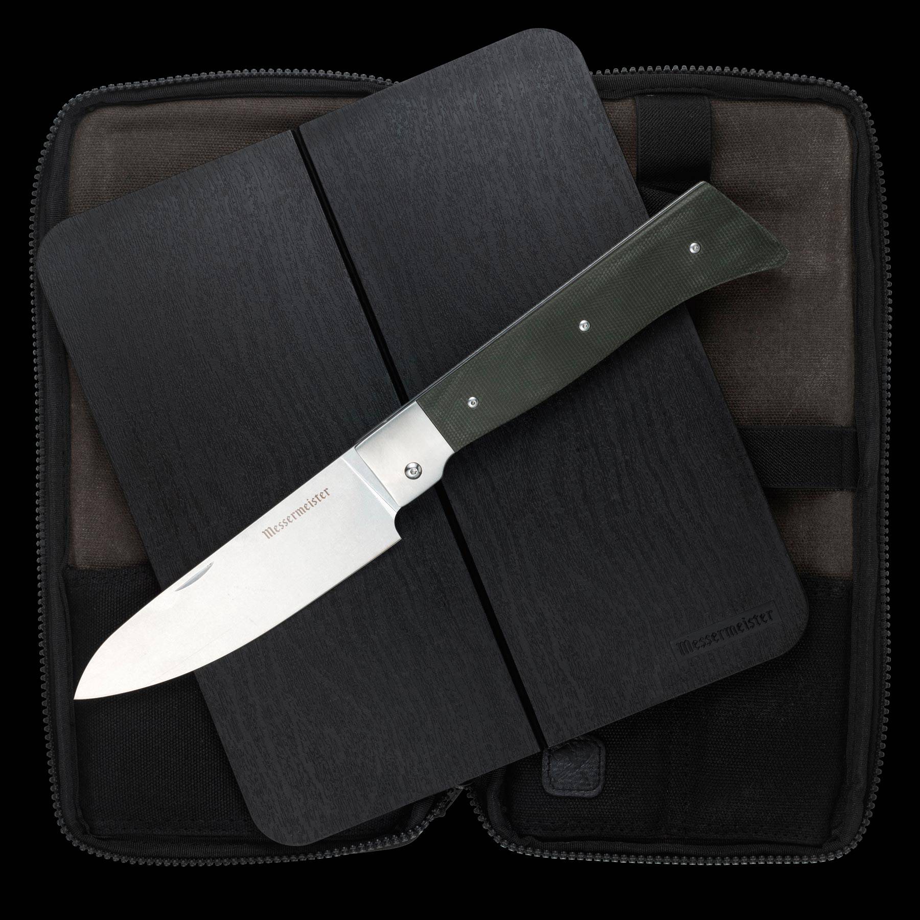Messermeister Adventure Chef Linen Basecamp Set 3 Piece set with the 6 inch folding Chef's Knife, faux wood cutting board, and zippered carrying case