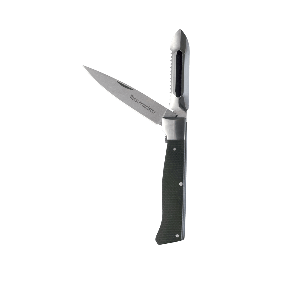 Messermeister Adventure Chef Folding tool with a vegetable Peeler with fish scaler edge and a Paring knife that fold into the linen handle