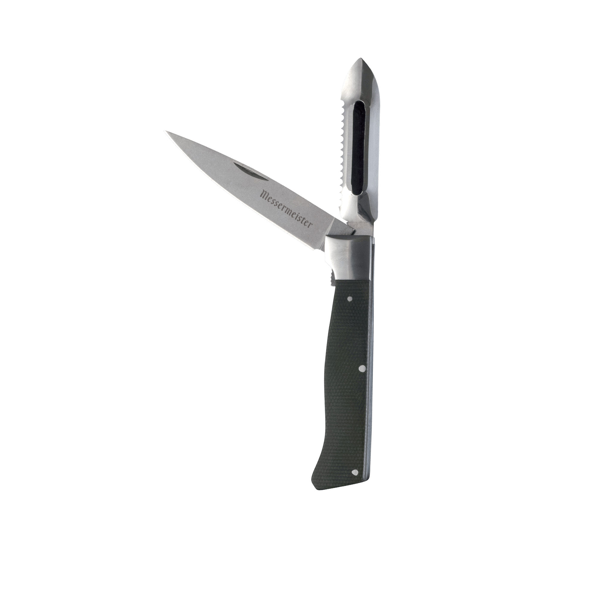 Messermeister Adventure Chef Folding tool with a vegetable Peeler with fish scaler edge and a Paring knife that fold into the linen handle