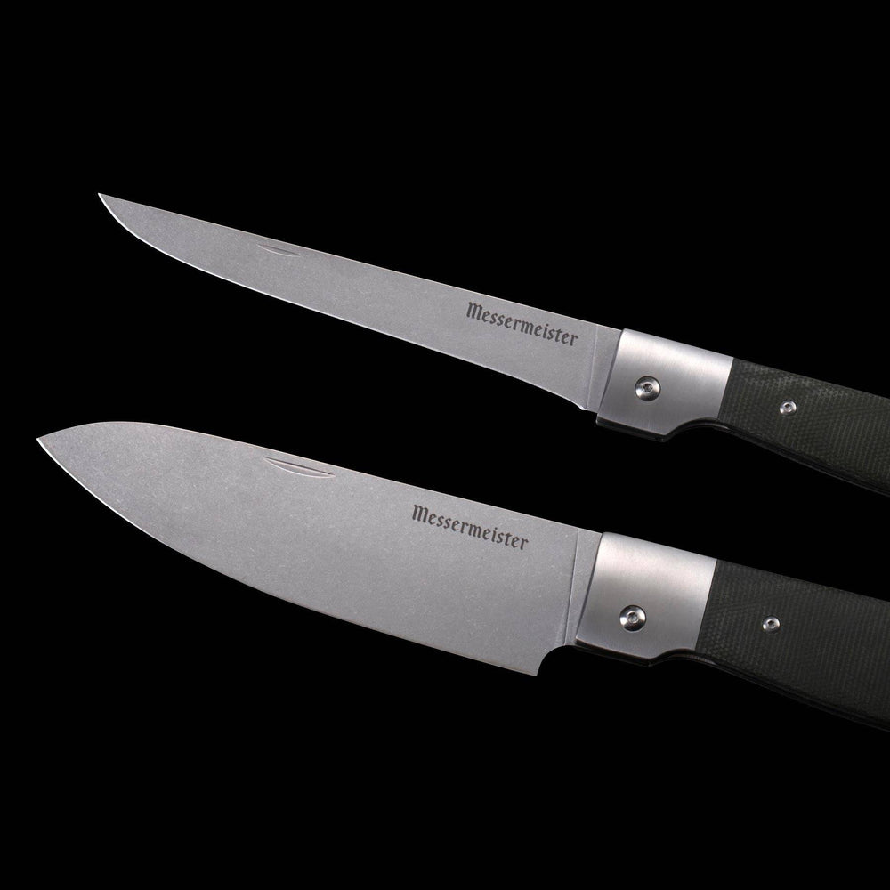 A close up of the 6 inch folding Chef's Knife and the 6 inch fillet knife that are included in the Messermeister Adventure Chef Linen Summit 6 Piece 