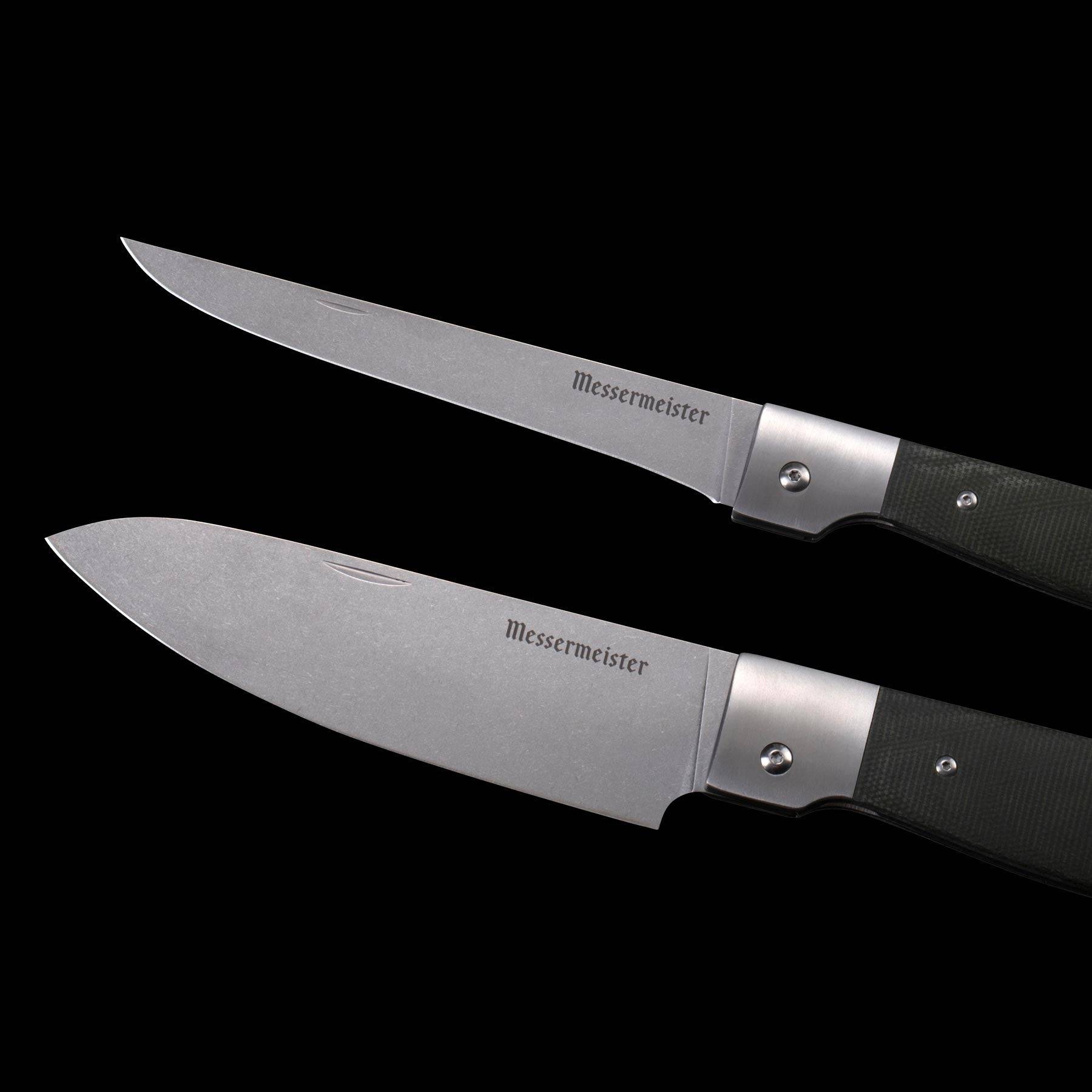 A close up of the 6 inch folding Chef's Knife and the 6 inch fillet knife that are included in the Messermeister Adventure Chef Linen Summit 6 Piece 