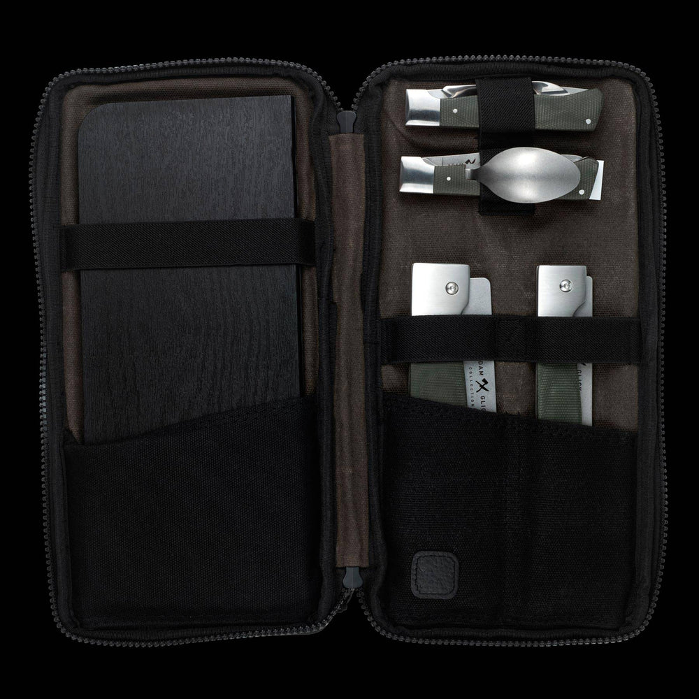 Messermeister Adventure Chef Linen Summit 6 Piece set showing all 5 pieces tucked inside of the open zippered carrying case