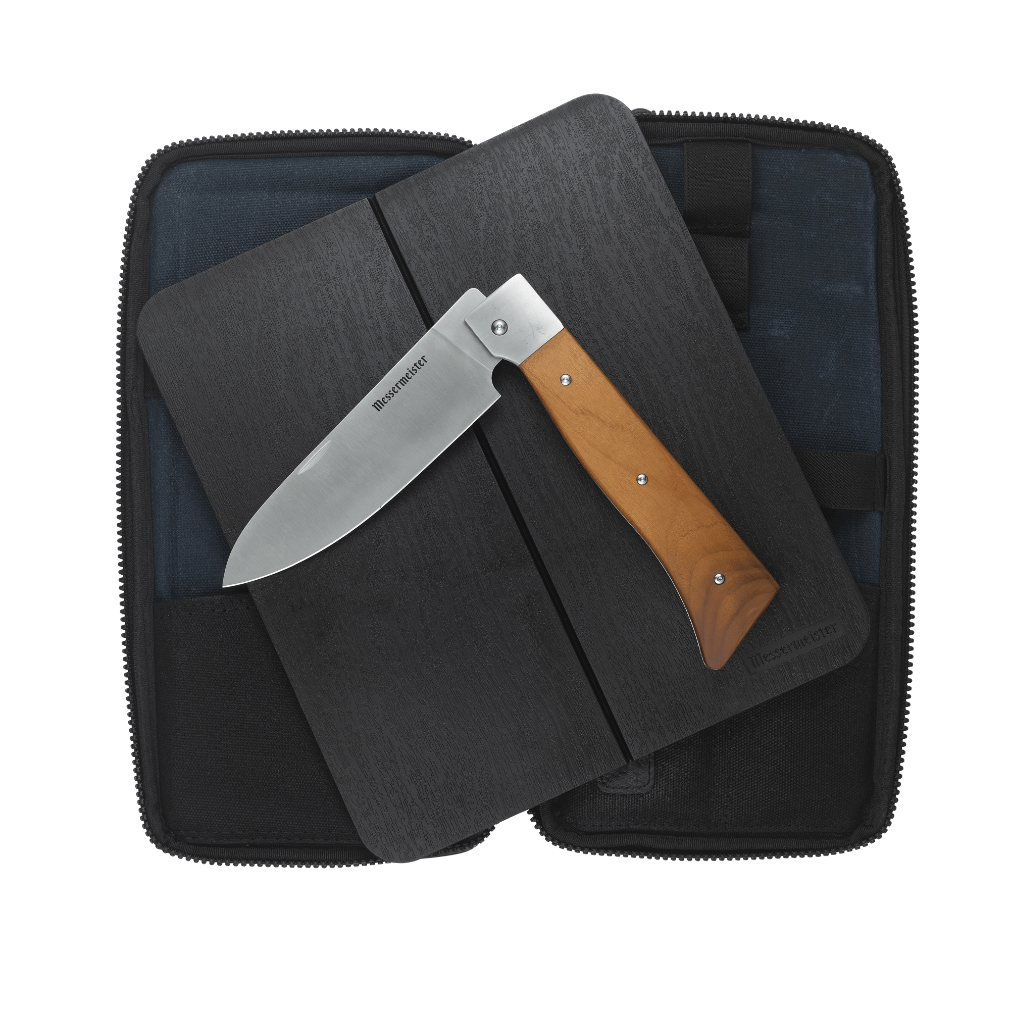 Messermeister Adventure Chef Maple Basecamp Set 3 Piece set with the 6 inch folding Chef's Knife, faux wood cutting board, and zippered carrying case