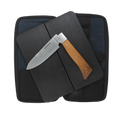 Messermeister Adventure Chef Maple Basecamp Set 3 Piece set with the 6 inch folding Chef's Knife, faux wood cutting board, and zippered carrying case