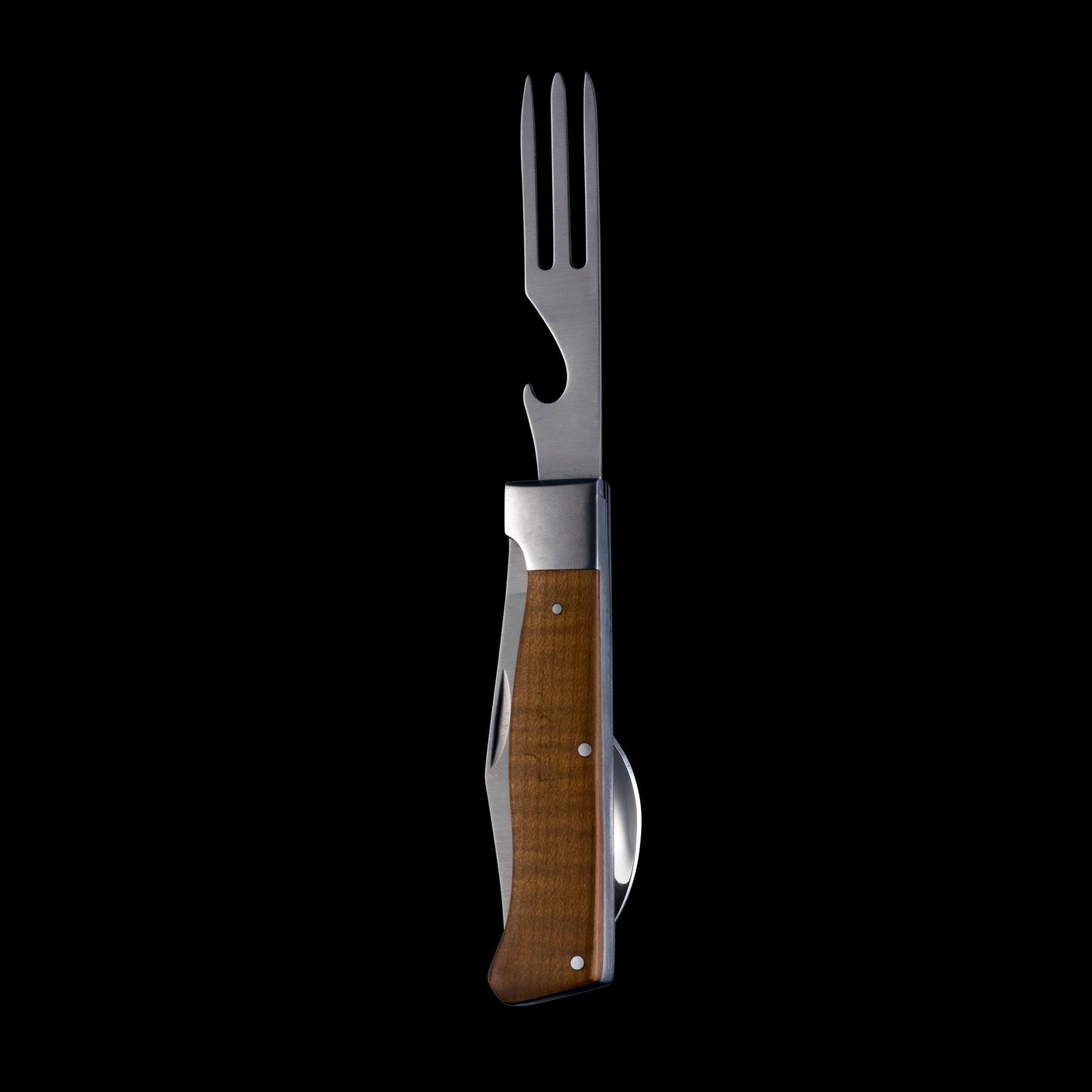 Messermeister Adventure Chef Folding Camp Utensil showing the  fork with bottle opener extended and the steak knife and spoon folded into the maple handle.