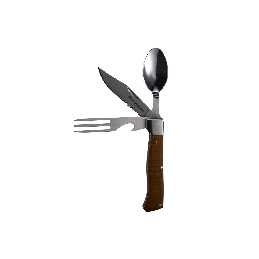 Messermeister Adventure Chef Folding Camp Utensil with a spoon, steak knife, and fork with bottle opener that fold into the maple handle.