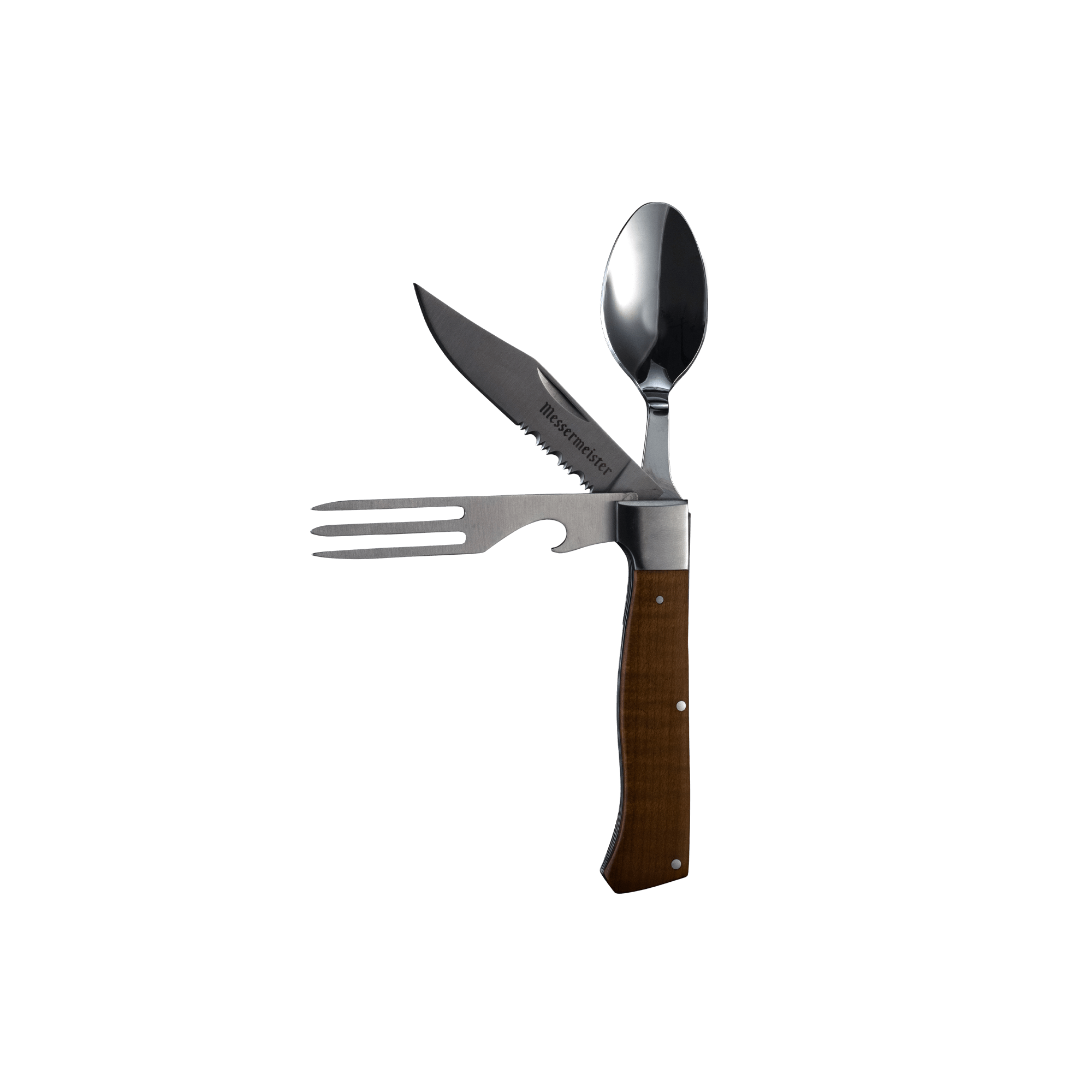 Messermeister Adventure Chef Folding Camp Utensil with a spoon, steak knife, and fork with bottle opener that fold into the maple handle.