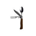 Messermeister Adventure Chef Folding Camp Utensil with a spoon, steak knife, and fork with bottle opener that fold into the maple handle.
