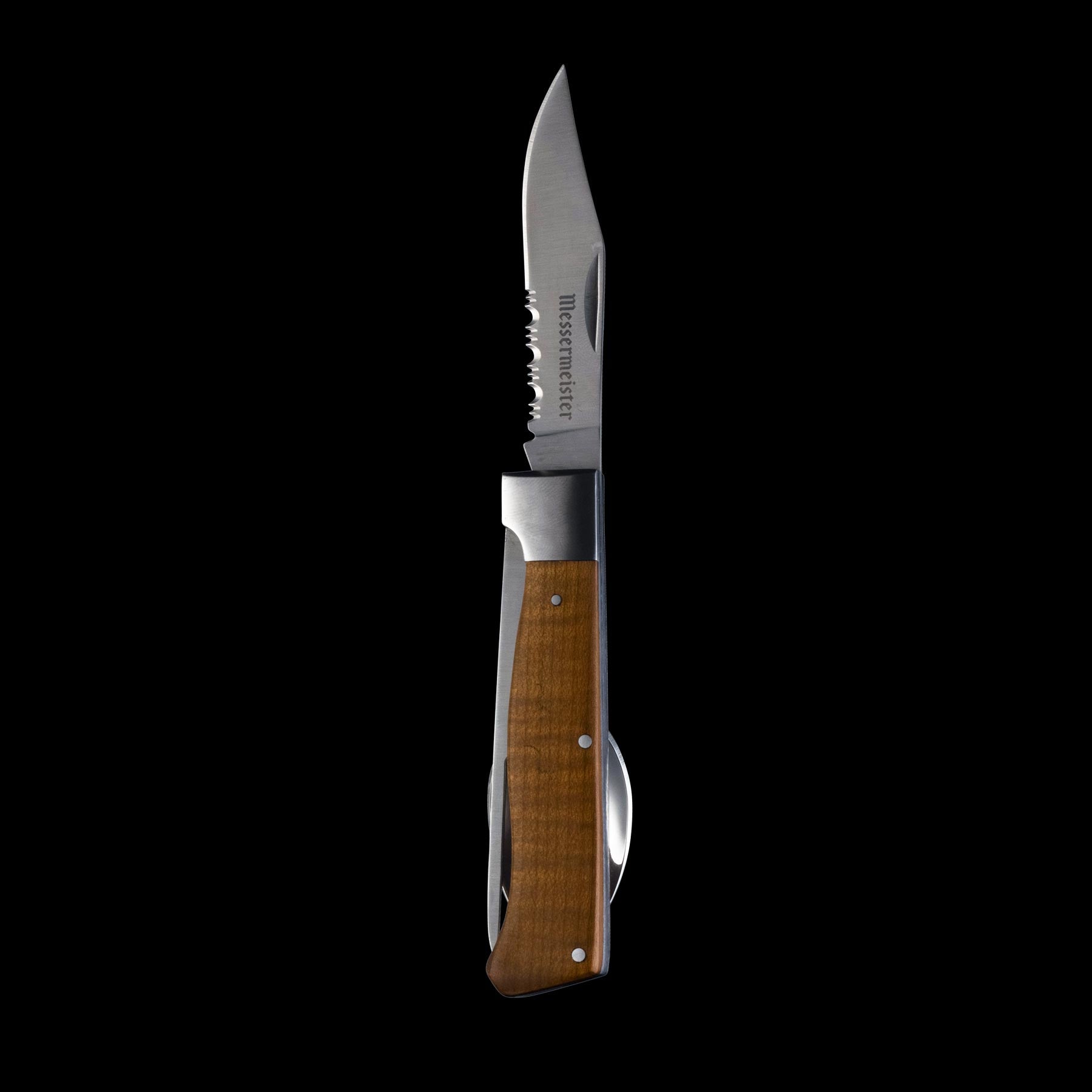 Messermeister Adventure Chef Folding Camp Utensil showing the steak knife extended and the spoon and fork with bottle opener folded into the maple handle.