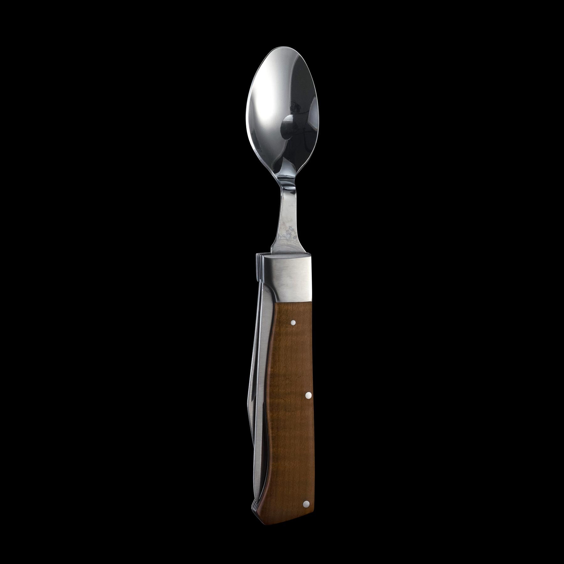 Messermeister Adventure Chef Folding Camp Utensil showing the spoon extended and the steak knife and fork with bottle opener folded into the maple handle.
