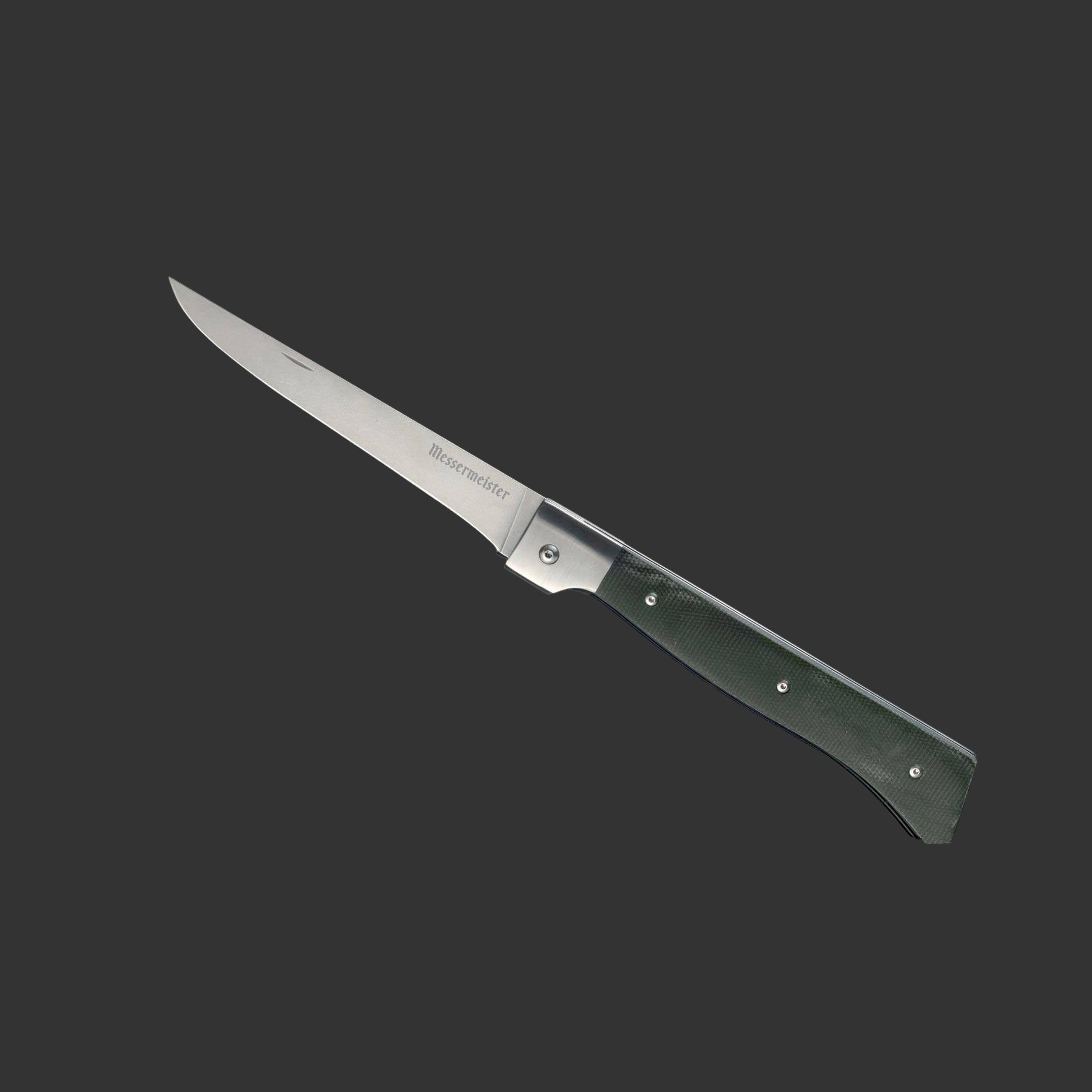 Angled view of the Messermeister Adventure Chef Folding 6 inch Fillet Knife with Linen handle