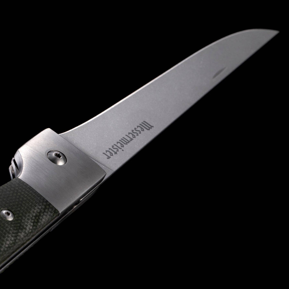 A close up view of the blade on the Messermeister Adventure Chef Folding 6 inch Fillet Knife 