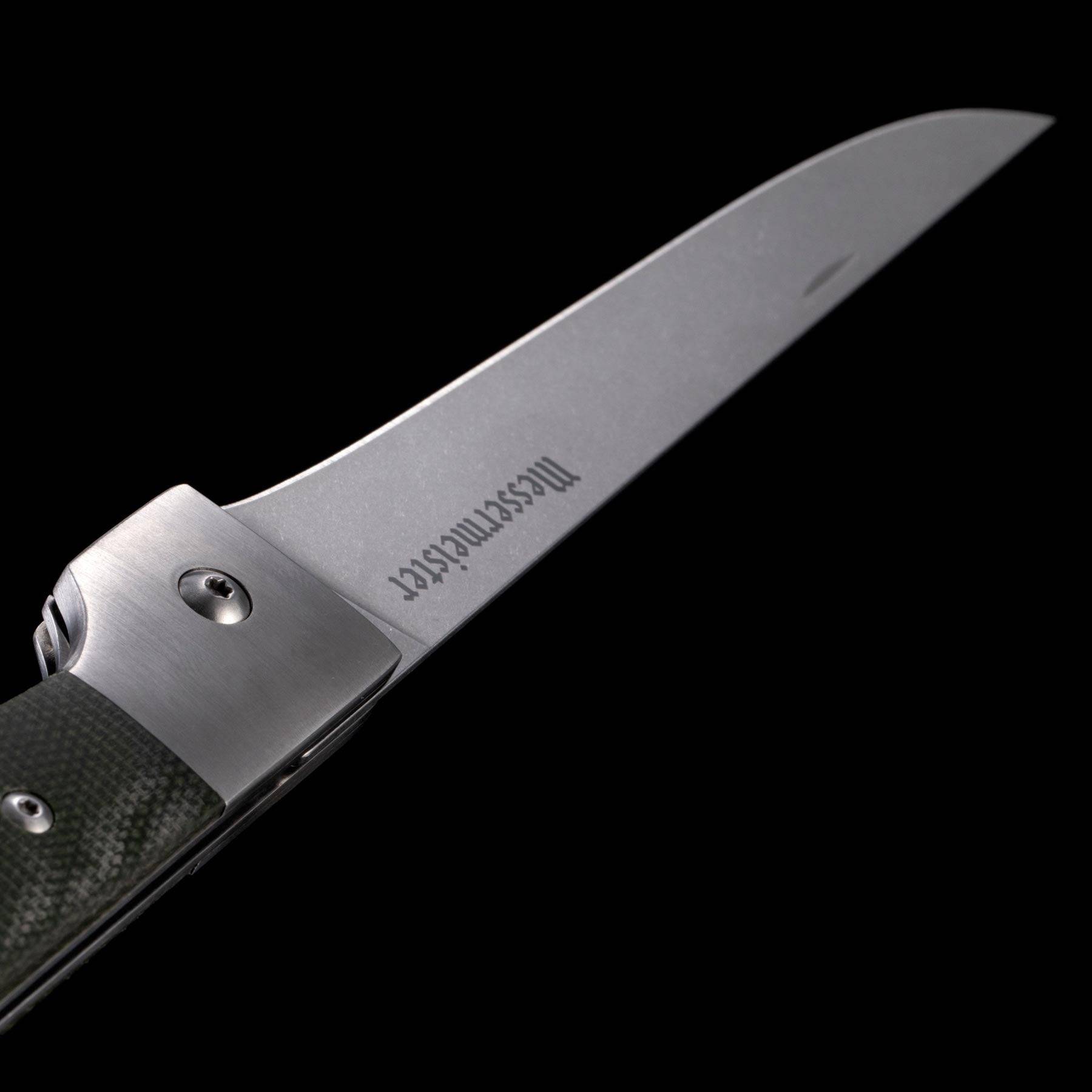 A close up view of the blade on the Messermeister Adventure Chef Folding 6 inch Fillet Knife 