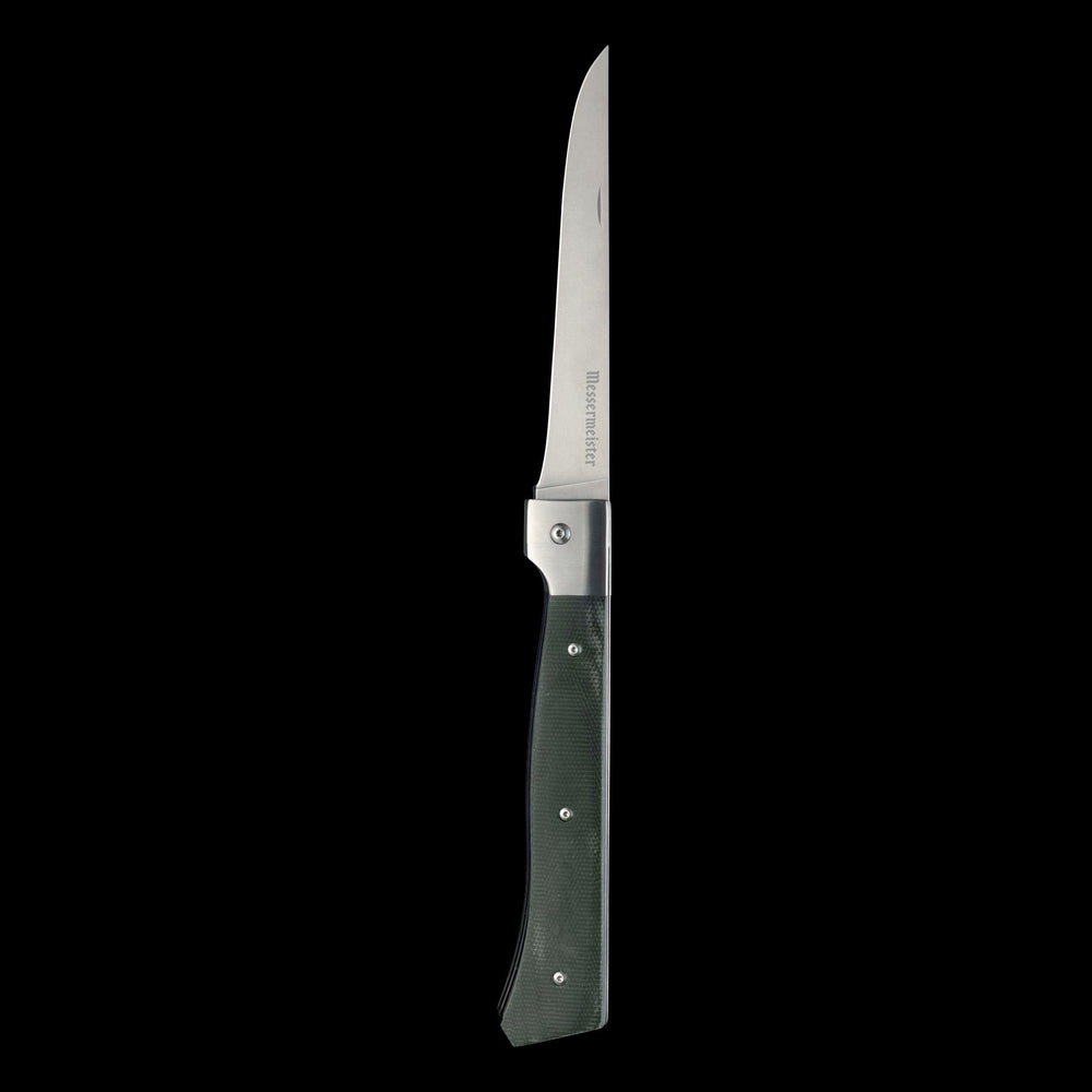 Messermeister Adventure Chef Folding 6 inch Fillet Knife with Linen handle shown extended upright
