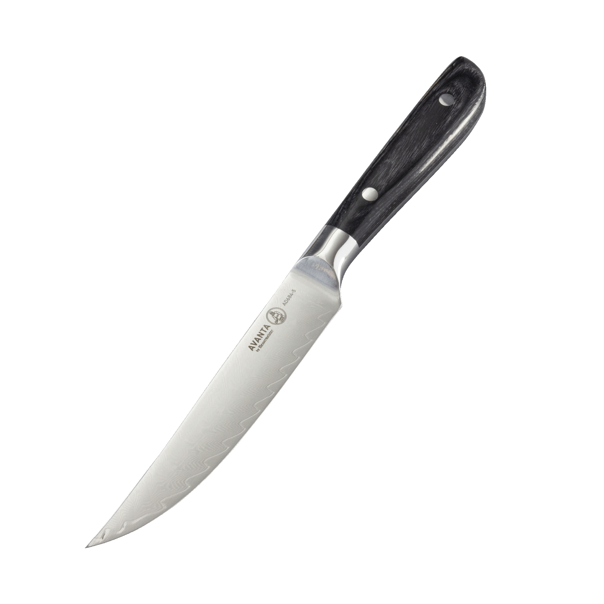 Angled view of Messermeister Avanta Damascus steak knife set showing blade edge and fishbone Damascus pattern