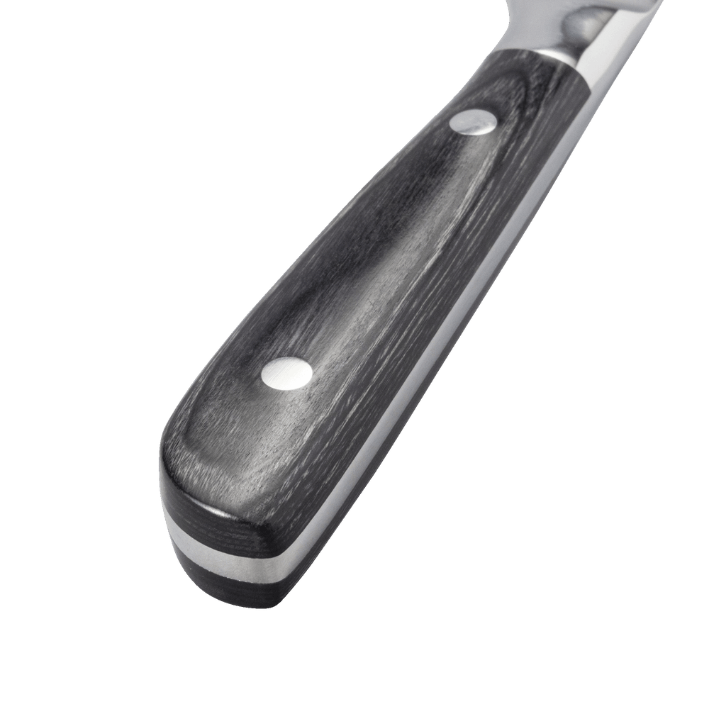 Messermeister Avanta Damascus steak knife set handle close-up showing ebony pakkawood grain detail
