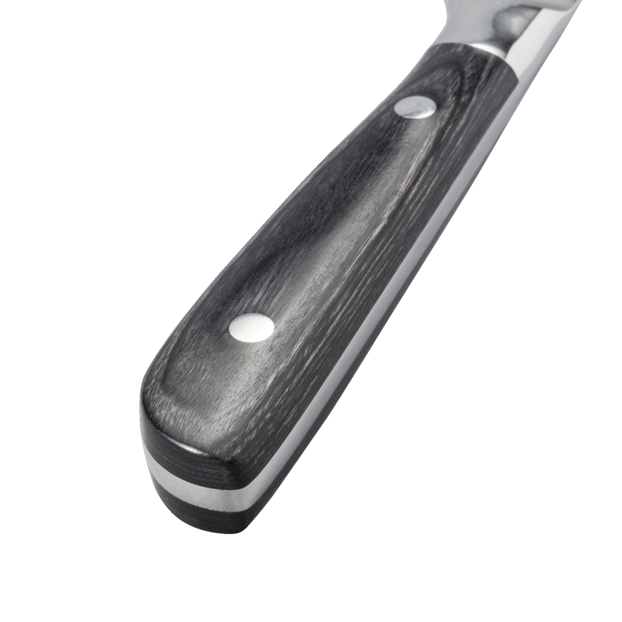 Messermeister Avanta Damascus steak knife set handle close-up showing ebony pakkawood grain detail