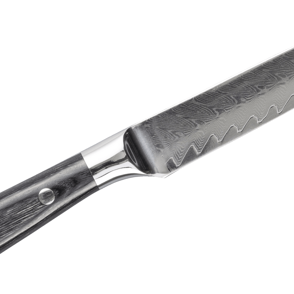 4-piece steak knife set by Messermeister Avanta Damascus highlighting Damascus blade texture and ebony pakkawood handles
